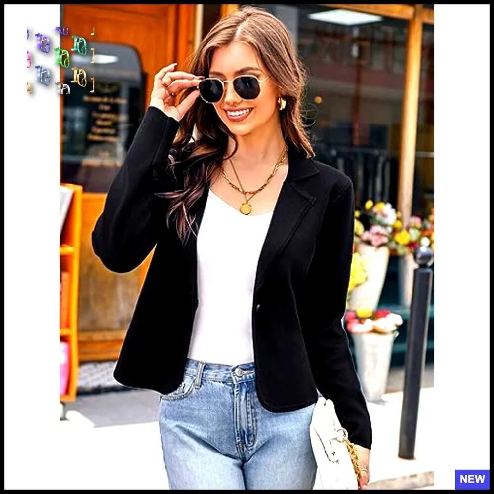 Cropped Knit Blazer Lightweight Button Front Casual Work Chic Sweater Jacket - Picture 2 of 7